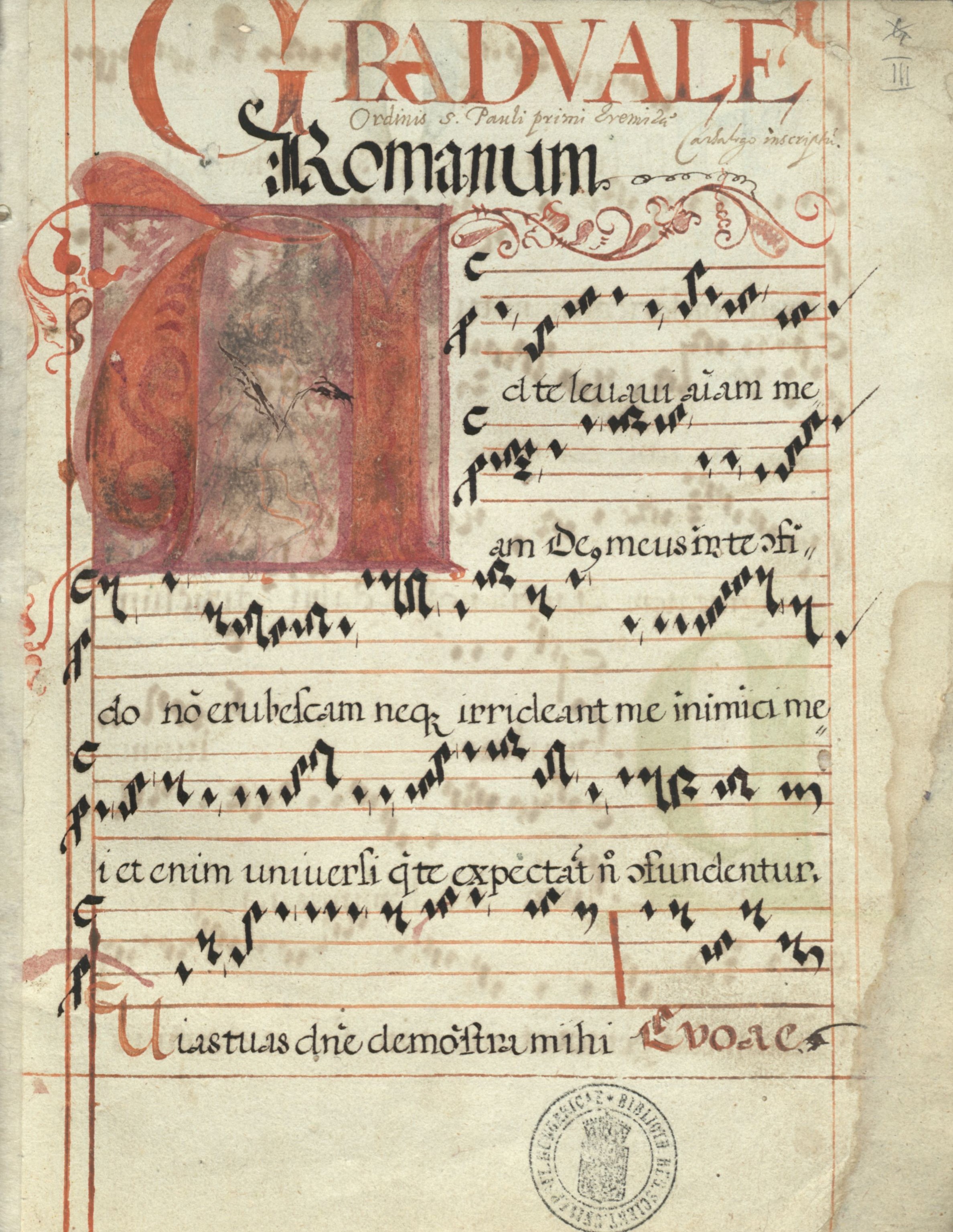 Title page of the manuscript A 115 (Graduale Romanum Ordinis Pauli Primi Eremitae monasterii S. Egidii de Uyhel, liturgical songbook, Pauline monastery in Újhely [Sátoraljaújhely], 1623).