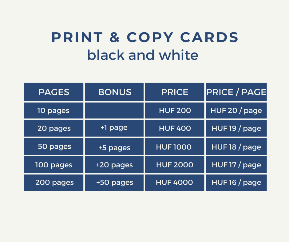 The picture illustrates the printing and copying fees in a table. For a black-and-white copy, the A4 size page is HUF 25 per page and the A3 size page is HUF 50 per page. For a colour copy, the A4 size is HUF 400 per page and the A3 size is HUF 700 per page.